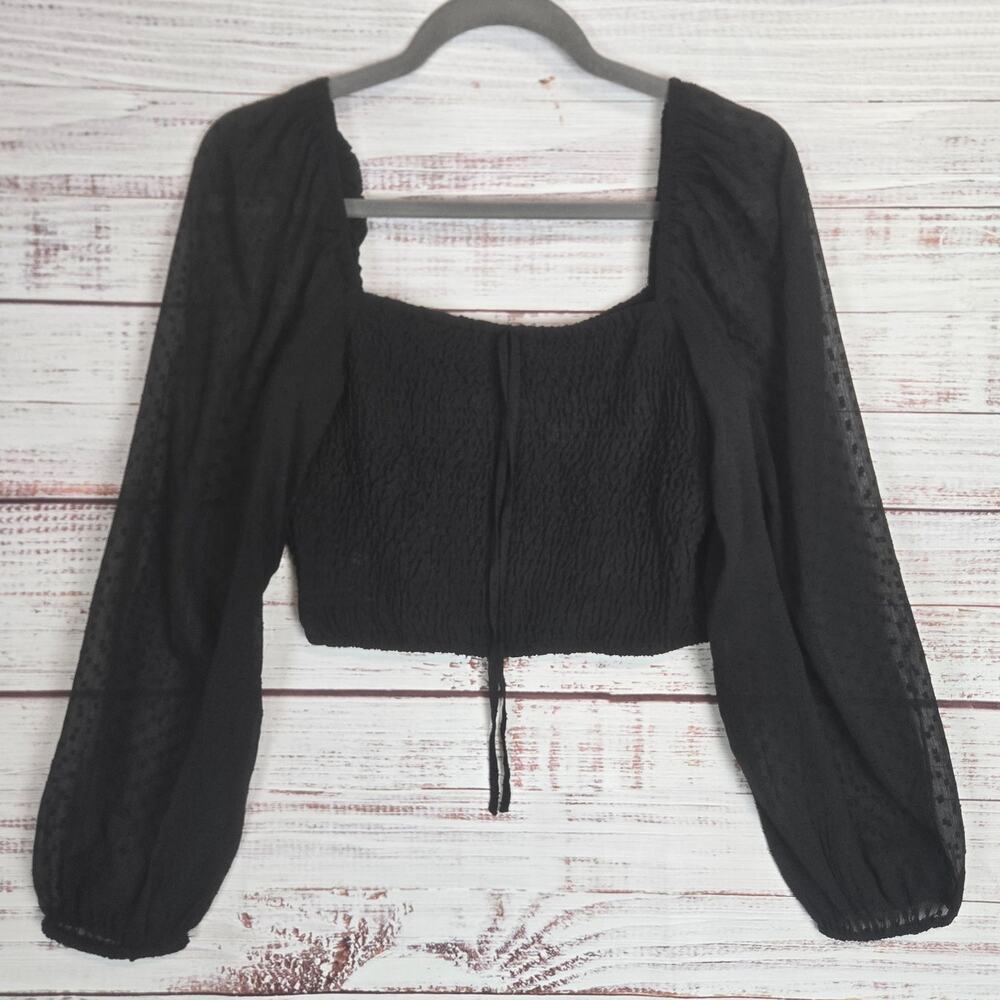 BOG Collective Black Smocked Crop Top M Sheer Swiss Dot Puff Sleeve Whimsigoth